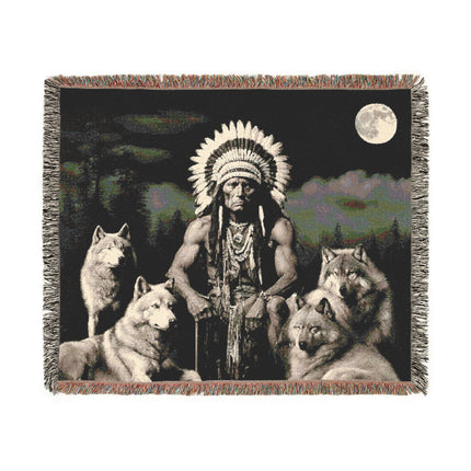 MOONLIGHT WOLF INDIAN CHIEF Woven Blanket - Native American Folk Art Heirloom Throw