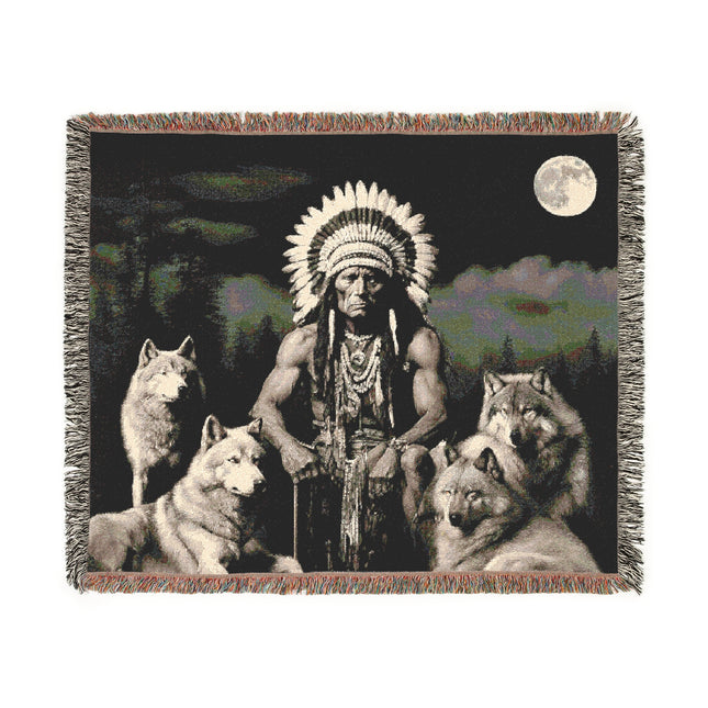 MOONLIGHT WOLF INDIAN CHIEF Woven Blanket - Native American Folk Art Heirloom Throw