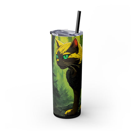 NEON YELLOW WARRIOR CAT Skinny Tumbler - Mystical Glowing Forest Kitty Cup