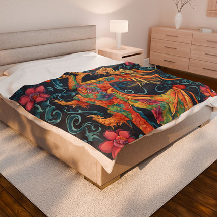 JAPANESE HORNED FLORAL DRAGON  Blanket - Traditional Asian Mythical Beast Plush Throw