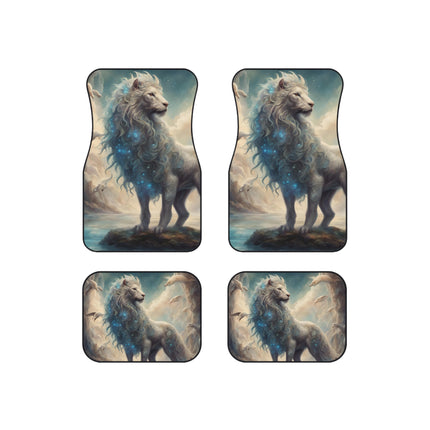 Majestic Myths Car Mats (Set of 4) | Mythological White Lion Automobile Accessories | Front & Rear Blue Sparkling Mane Floor Auto Truck Gift
