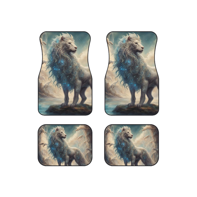 Majestic Myths Car Mats (Set of 4) | Mythological White Lion Automobile Accessories | Front & Rear Blue Sparkling Mane Floor Auto Truck Gift