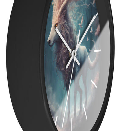 Majestic Myths Art Clock | Floral Flower Forest Horned Horse Wall Hanging | Mystical Maned Goat Fantasy Home Office Decor Gift