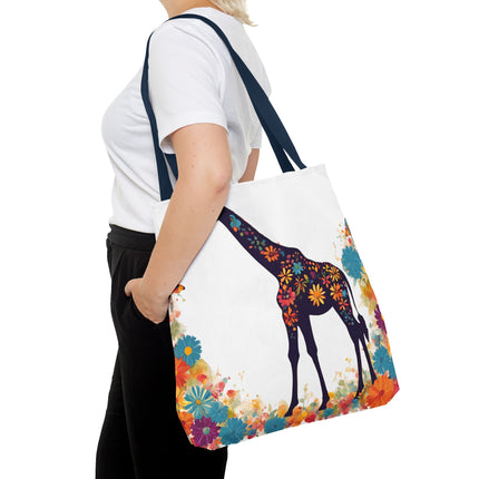 Giraffe Lovers Tote | Floral Safari Animal Grocery Bag | African Savanna Office Travel Carrier | Flower Collage Forest Cotton Traveler