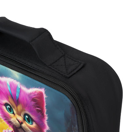 Neon Pink Warrior Cat Lunch Bag Box, Girls Lush Dandelion Flower Field Feline School Tote, Armored Kitten Crystal Glow Staff Insulated Bag