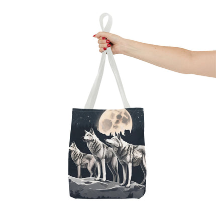 Moon Wolves Tote | Night Sky Mountain Wolf Pack Grocery Bag | Laptop & Book Carrier | Home Office Wooded Wild Dogs Travel Overnight Gift