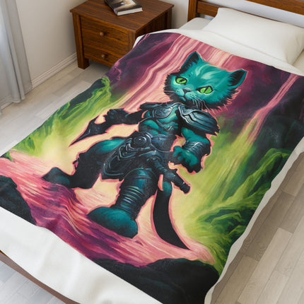 Warrior Blue Shank Cat Blanket, Waterfall Cave Kitten Warm Couch Throw, Glowing Neon Green Bed Cover, Armored Kitten Bedroom Plush Sheet
