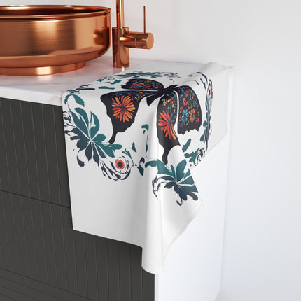 Floral Butterfly Hand Towel | Flower Pattern Flying Insect Decor | Bathroom Accent Drying Cloth | Spring & Summer Flutter Fly Polyester Gift