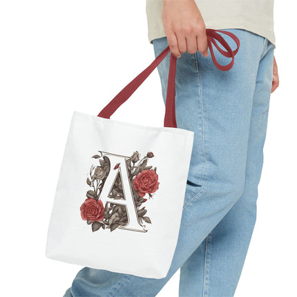 Custom Letter Personalized Tote | Rose Flowered Grocery Travel Bag | Floral Print Roses Office Laptop & Books or Exercise Overnight Carrier