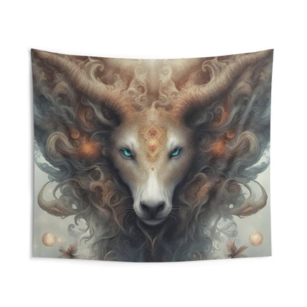 Majestic Myths Wall Art Decor | Blue Eyed Horned Mane Goat Tapestry |  Mystical Fantasy Game Room Hanging | Mythological Bed Room Gift