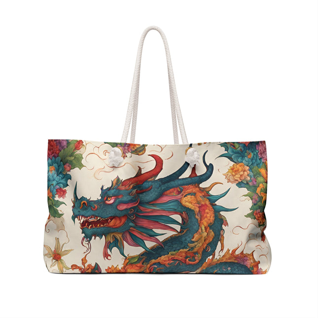 Custom Weekender | Japanese Dragon Travel Bag | Flowered Floral Serpent Japan Style Cruise Airplane & Hotel Road Trip Overnight Carrier