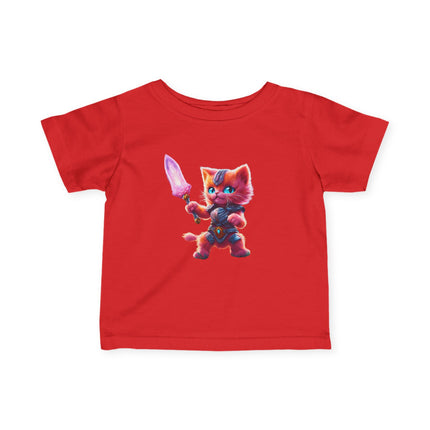 Warrior Cat Infant Gift Shirt, Glowing Sword Orange Kitten Tee, Cute Armor Kitty Short Sleeve Baby Tshirt
