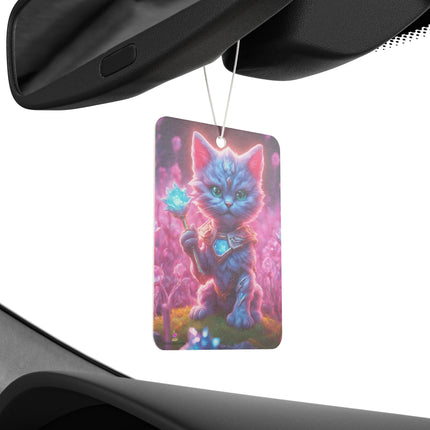 Blue Aqua Violet Fur Warrior Cat Car Air Freshener, Crystal Gem Field Feline Scented Gift, Armored Cosmic Furry Kitten Truck Auto Accessory