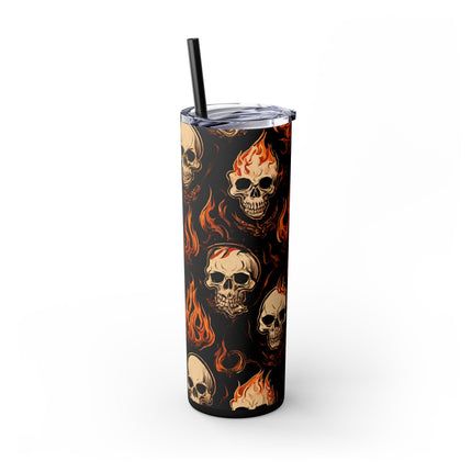 FIRE FLAMES AND SKULLS Skinny Tumbler - Skeleton Biker Motorcycle Insulated Cup