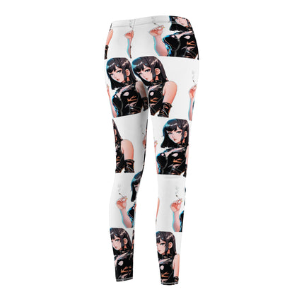 Cigarette Smoking Anime Girl Leggings, Black Tight Leather Outfit Sexy Cute Elastic Pants, Japan Cartoon Secret Agent Style Womens Bottoms