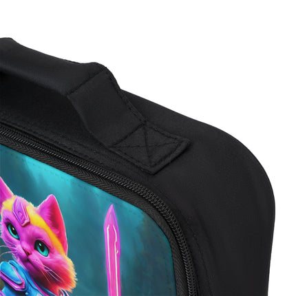 Neon Pink Warrior Cat Lunch Bag Box, Girls Forest River Scene Feline School Tote, Armored Cosmic Glowing Sword Furry Kitten Insulated Bag