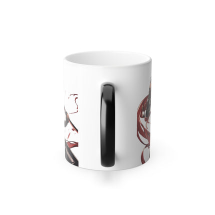 Anime Girl Color Changing Coffee Mug, Beautiful Leather Clad Japan Art Style Cup, Double Ended Katana Sword Blade Ninja Woman Gift Mug