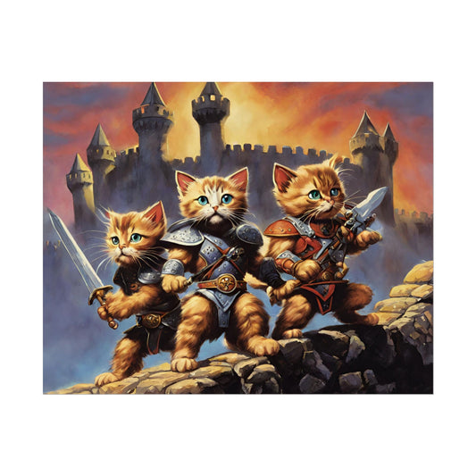 Cat Battler Warrior Poster, Office Bedroom Man Cave Portrait, Sword Wielding Cat Universe, Kitten Fighters Fantasy Wall Hanging