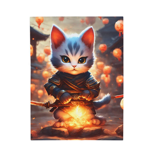 Samurai Warrior Cat Blanket, Paper Lantern Village Kitten Warm Couch Throw Blanket, Japanese Fire Armor Bed Cover, Bedroom Plush Sheet