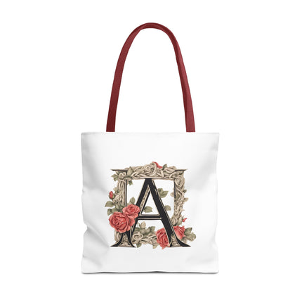 Custom Letter Personalized Tote | Rose Flowered Grocery Travel Bag | Floral Print Roses Office Laptop & Books or Exercise Overnight Carrier