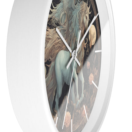 Majestic Myths Art Clock | Floral Flower Night Field Horned Horse Wall Hanging | Mystical Moon Fantasy Home Office Decor Gift