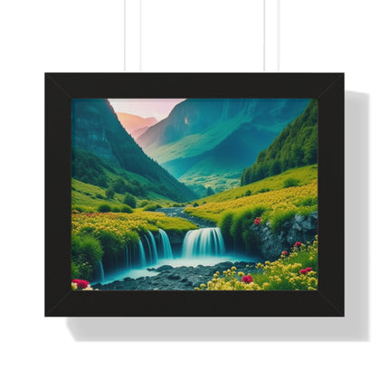 Beautiful Mountain Valley Framed Poster, Waterfall Nature Scene Picture, Flower Blossom Spring Wall Hanging, Flowing River Office Scenery