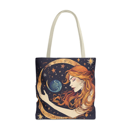 Moon Shaping Goddess Tote | Lunar Stars & Space Astronomy Grocery Bag | Woman Morphing Home Office Laptop Clothing Travel Overnight Gift