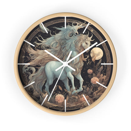 Majestic Myths Art Clock | Floral Flower Night Field Horned Horse Wall Hanging | Mystical Moon Fantasy Home Office Decor Gift