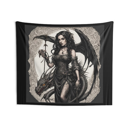 Evil Serpent Dragon Tapestry, Gorgeous Beast Wall Hanging, Winged Morphing Gothic Woman, Medieval Keeper Shapeshifter Tapestry