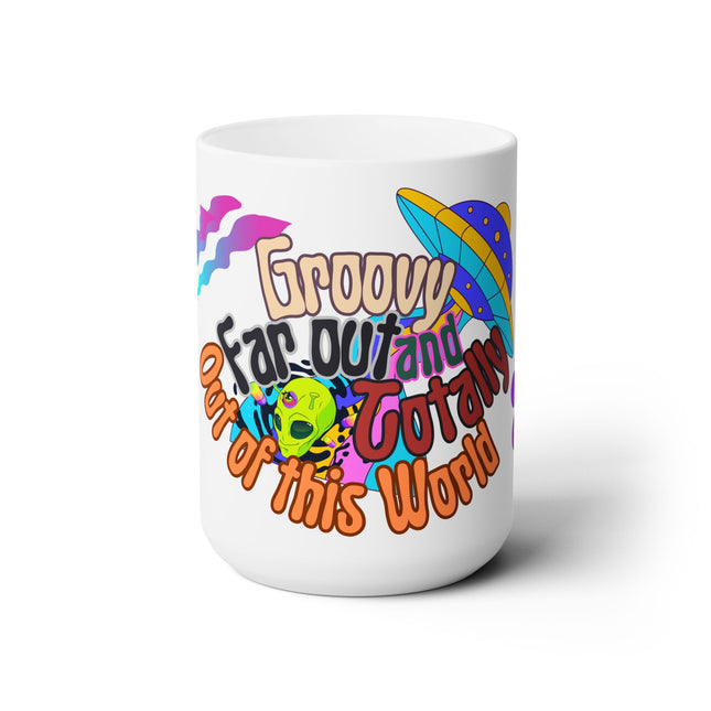 70s Groovy Coffee Cup | Trippy Psychedelic Alien Spaceship UFO Mug | Colorful Rainbow Gift | Weird Stoner Galaxy Cat Flower Teacher Gift