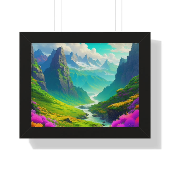 Fantasy Art Flower Mountain Valley, Landscape Framed Poster, Video Game Open World Scene Picture, River Spring Wall Hanging, Office Scenery