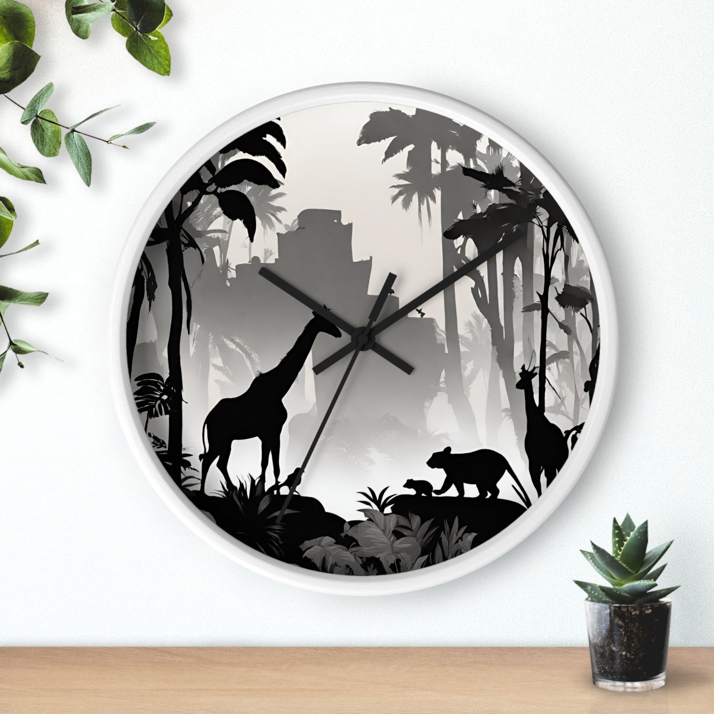 Jungle Giraffes Wall Art Clock | Shadowy Wild Nature Wall Hanging | Home Office Animal Wall Decor Gift