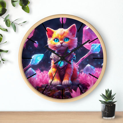 COSMIC CRYSTAL GUARDIAN CAT Wall Clock - Fantasy Feline Galaxy Decor