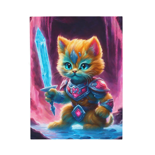 Warrior Cat Blanket, Waterfall Cat Plush Throw Blanket, Neon Sword Seeker, Armored Kitty Bed Cover, Glowing Cave Bedroom Twin Cover