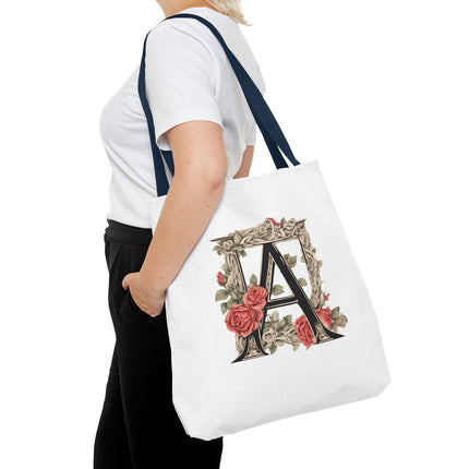 Custom Letter Personalized Tote | Rose Flowered Grocery Travel Bag | Floral Print Roses Office Laptop & Books or Exercise Overnight Carrier
