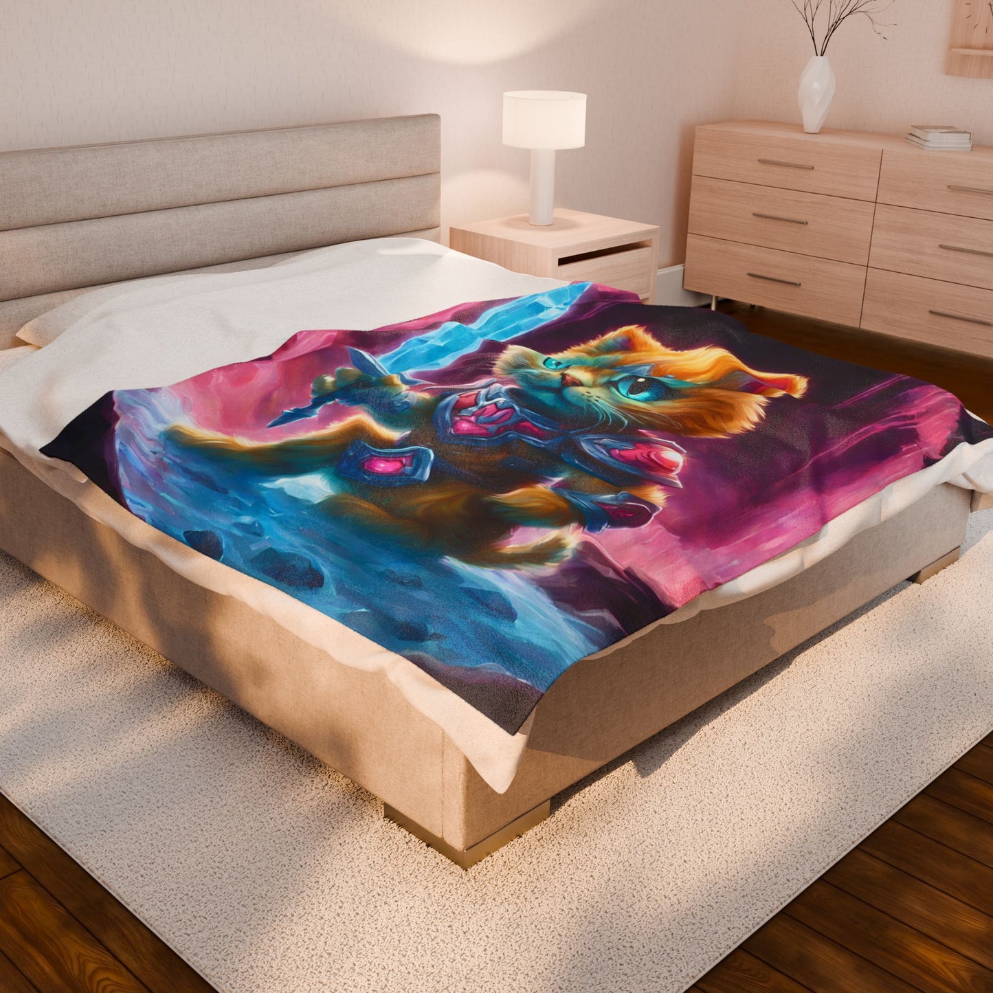 Warrior Cat Blanket, Waterfall Cat Plush Throw Blanket, Neon Sword Seeker, Armored Kitty Bed Cover, Glowing Cave Bedroom Twin Cover