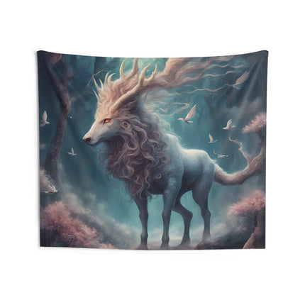 Majestic Myths Wall Art Decor | Horned Goat Horse Tapestry | Floral Bird Forest Fantasy Game Room Hanging | Mythological Bed Room Gift