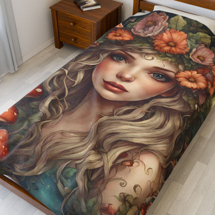 Garden Girl Fantasy Blanket, Spring & Summer Couch Plush Throw, Flower Beauty Bed Cover, Mystic Mushroom Country Home Warm Bedroom Sheet