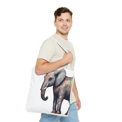 Elephant Gift Tote | Majestic Flower Pattern Grocery Bag | Animal Lovers Office Travel Carrier | Jungle Kingdom Endangered Cotton Traveler