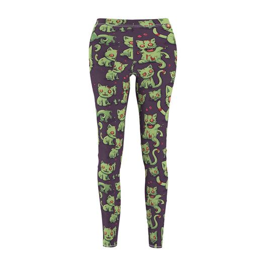 Cat Zombie Casual Leggings, Undead Brain Kittens Elastic Bottoms, Kitty Wear Tight Green Bloody Feline Womens Pants, Cute Zombie Lover Wear