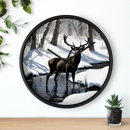 Deer Hunter Wall Art Clock | Winter Creek Big Buck Wall Hanging | Snowy Nature Scenic Home Office Hunting Lovers Gift