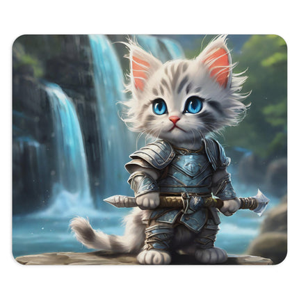Warrior Cat Mouse Pad, Waterfall Kitten, Armored Fighter Kitty, Sword Battling Feline