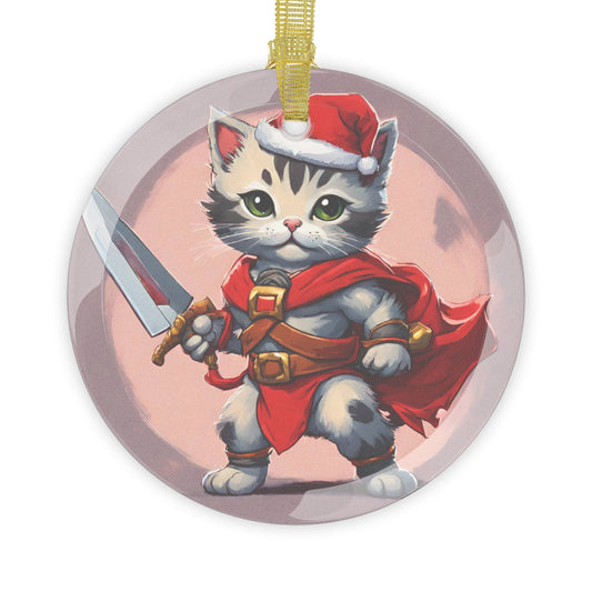 Kitten Christmas Ornament, Holiday Tree Decoration, Adorable Cat Gift, Round Glass Keepsake, KITTEN WARRIOR