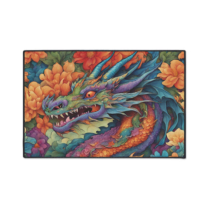 Japanese Dragons Floral Heavy Duty Floor Mat | Flower Pattern Style Serpent Bathroom Decor | Entryway Flowered Chinese Dragon Lover Gift