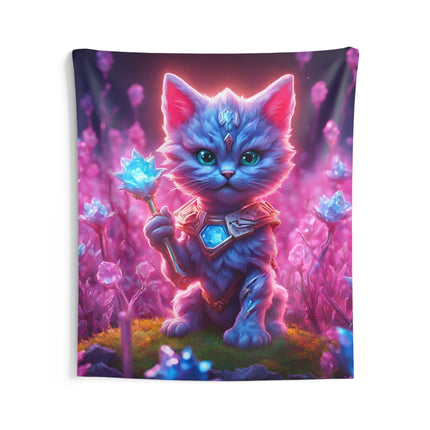 Warrior Cat Crystal Grove Tapestry, Thunder Bolt Armored Kitten Mystical Weapon Wall Hanging, Pink Blue Infused Blossom Field Tapestry