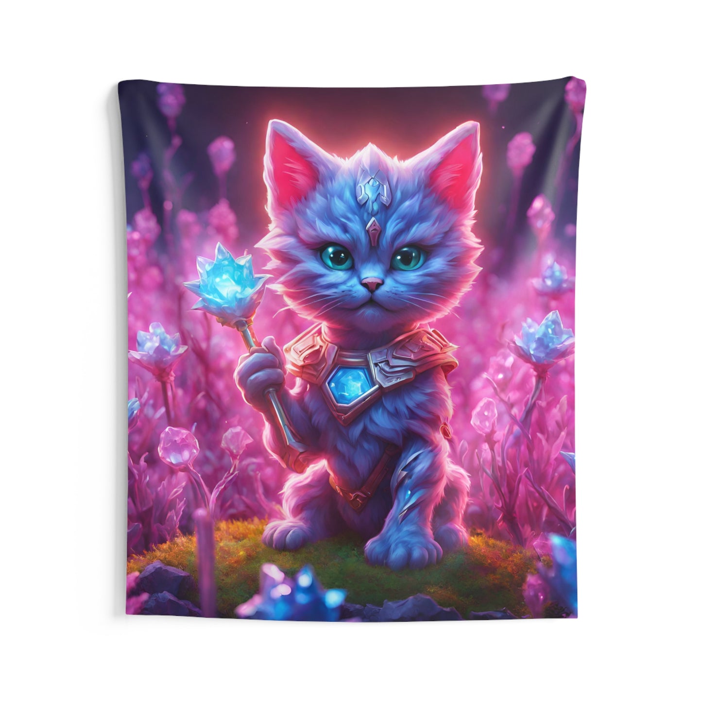 Warrior Cat Crystal Grove Tapestry, Thunder Bolt Armored Kitten Mystical Weapon Wall Hanging, Pink Blue Infused Blossom Field Tapestry