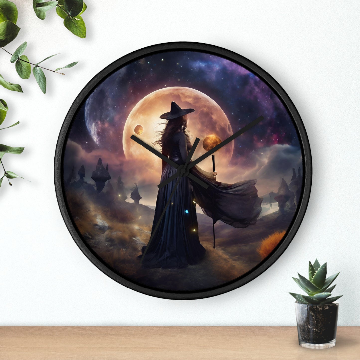 Wiccan Moon Wall Art Clock | Mystical Fantasy Galaxy Witch Pagan Astronomy Wall Hanging | Home Office Lunar Witchcraft Wall Decor Gift