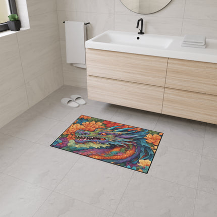 Japanese Dragons Floral Heavy Duty Floor Mat | Flower Pattern Style Serpent Bathroom Decor | Entryway Flowered Chinese Dragon Lover Gift