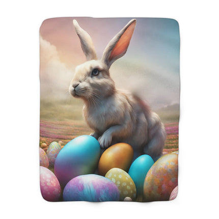 Easter Gift, Bunny Blanket, Fantasy Art, Rabbit Cover, Colored Egg Fleece, Flower Field, Warm Throw, Peter Cottontail, Warm Cozy Sherpa