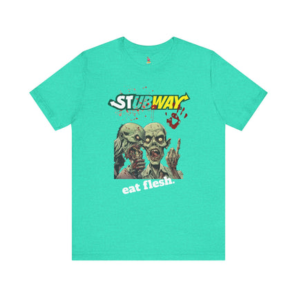 STUBWAY EAT FLESH Zombie Eating T-Shirt - Funny Subway Parody Horror Tee
